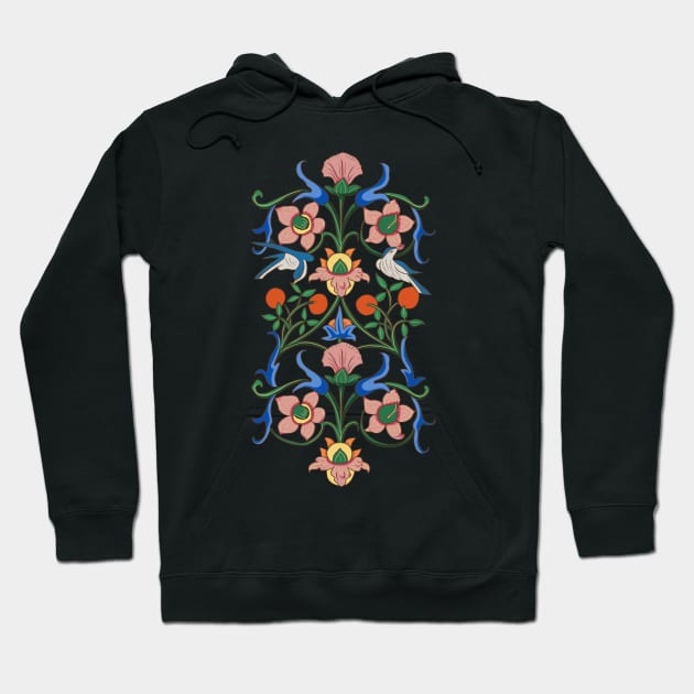 Colorful Medieval Inspired Bird Nature Pattern Hoodie by MariOyama